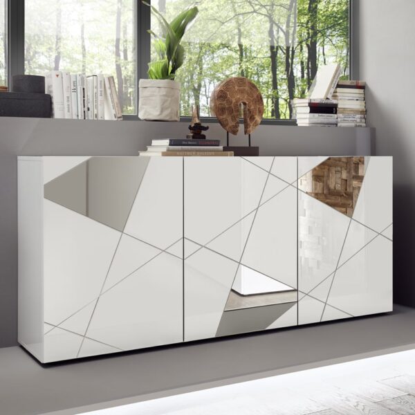Victoria Mirrored High Gloss Sideboard With 3 Doors In White