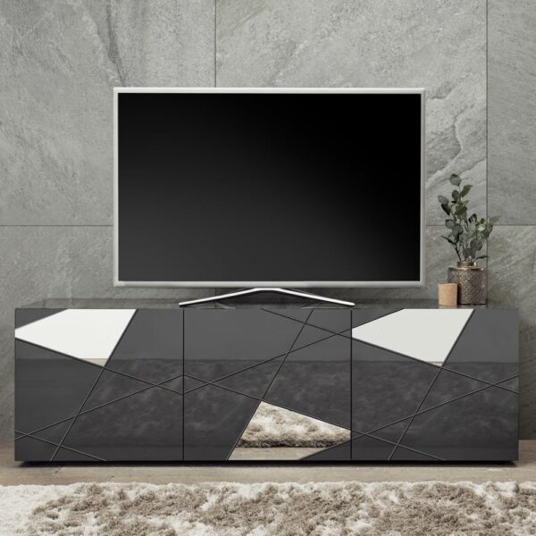 Victoria Mirrored High Gloss TV Stand With 3 Doors In Grey