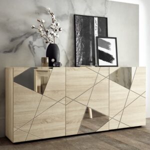 Victoria Mirrored Wooden Sideboard With 3 Doors In Sonoma Oak