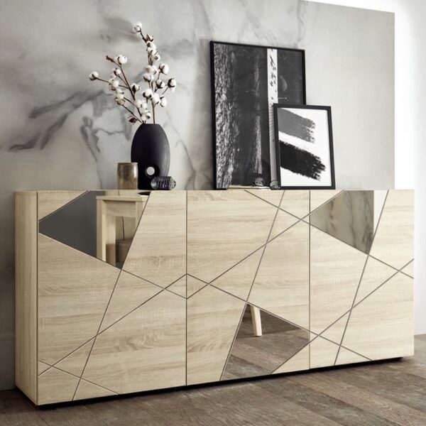 Victoria Mirrored Wooden Sideboard With 3 Doors In Sonoma Oak