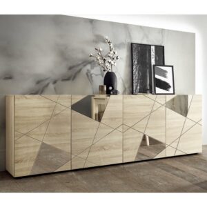 Victoria Mirrored Wooden Sideboard With 4 Doors In Sonoma Oak