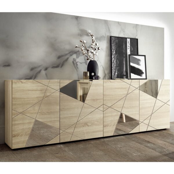 Victoria Mirrored Wooden Sideboard With 4 Doors In Sonoma Oak