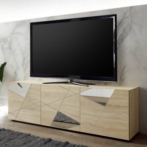 Victoria Mirrored Wooden TV Stand With 3 Doors In Sonoma Oak