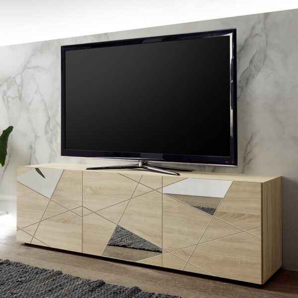 Victoria Mirrored Wooden TV Stand With 3 Doors In Sonoma Oak